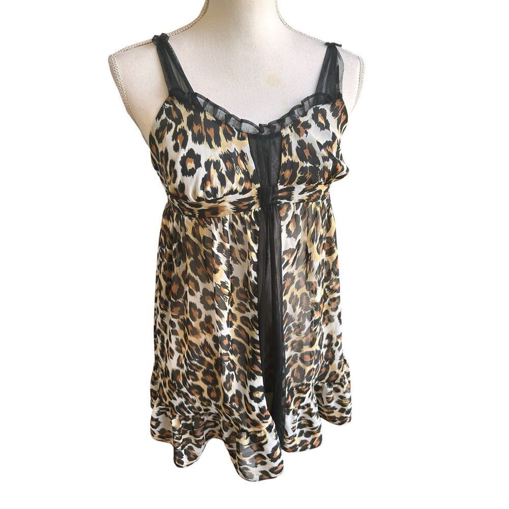 NWT Betsy Johnson 2PC Leopard Chiffon Sheer Babydoll Night gown /Thong Set M